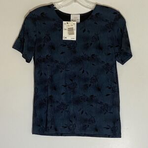 Vintage TR Bentley Top Womens Medium Blue Floral Stretch Crew Neck Tee Shirt USA